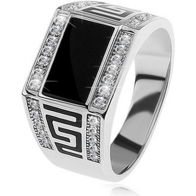 Šperky eshop Stříbrný prsten 925 černý obdélník čiré blyštivé kamínky řecký klíč S81.07