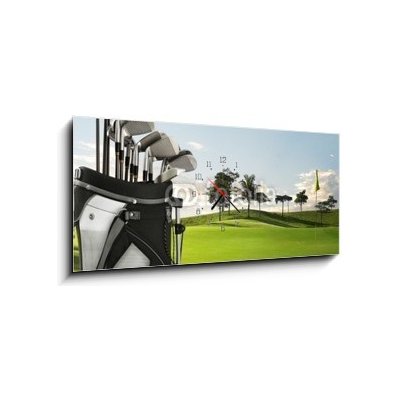 Obraz s hodinami 1D panorama - 120 x 50 cm - golf equipment and course golfové vybavení a kurz – Zboží Mobilmania