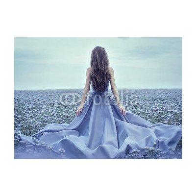 Weblux 70223866 Fototapeta plátno Back view of standing young woman in blue dress Zadní pohled na stojící mladá žena v modrých šatech rozměry 160 x 116 cm