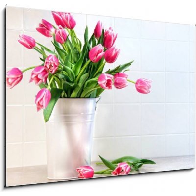 Obraz 1D - 100 x 70 cm - Pink tulips in white metal container Růžové tulipány v bílém kovovém kontejneru