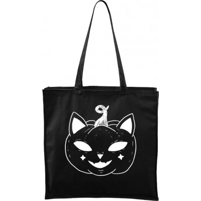 Ručně malovaná větší plátěná taška - Halloween kočka - Dýně, černá/bílý motiv