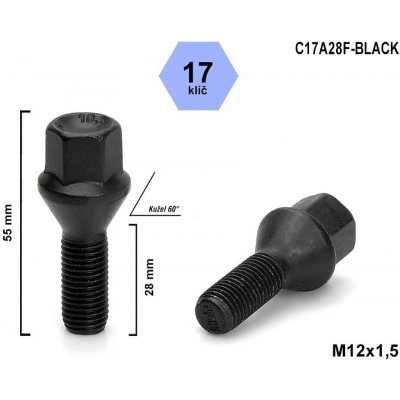 Kolový šroub M12x1,5x28, kužel, klíč 17, C17A28-BLACK-I4/S, výška 55 mm | Zboží Auto