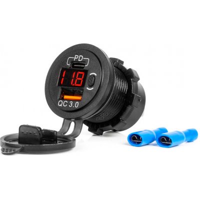 Vodotěsná nabíječka telefonu se spínačem ČERVENÝ LED indikátor Digitální voltometr USB + USB C QC3.0 12/24V AMIO-04222, , , – Zboží Živě