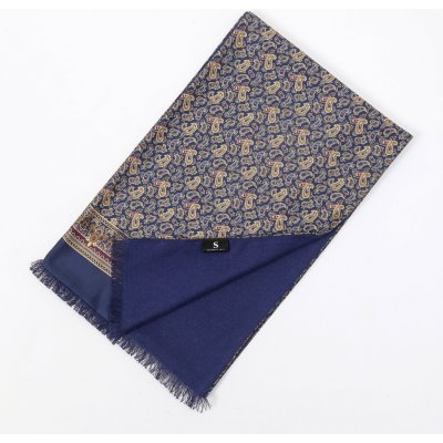 Hřejivá pánská hedvábná šála tmavě modrá s kašmírovým zlatým vzorem – Zboží Mobilmania
