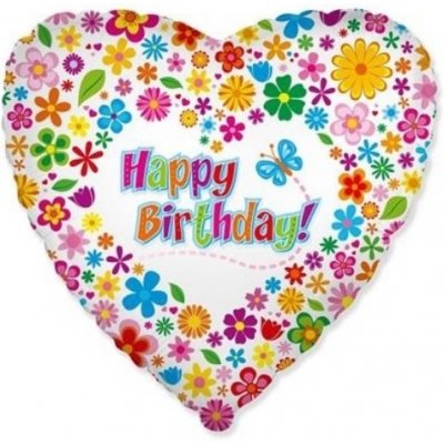 Flexmetal Foliový balonek srdce s kytičkami Happy Birthday 46 cm - Nebalený – Zboží Mobilmania