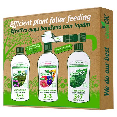 GreenOK Sada hnojiv 3 x 750 ml (pro květiny, pro jehličnany, pro trávník) a rozprašovací hlavice – Zboží Mobilmania