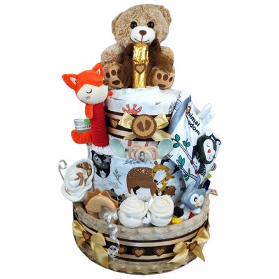 BabyDort třípatrový plenkový dort pro miminko lesní zvířátka PREMIUM – Zboží Dáma