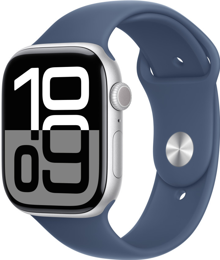 Apple Watch Series 10 42mm stříbrný hliník s denimovým sportovním řemínkem M/L MWWC3QC/A