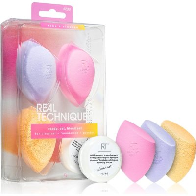 Real Techniques Chroma Miracle Complexion houbička pro aplikaci make-upu 1 ks + Miracle Powder houbička na pudr 1 ks + Miracle Cleansing čisticí houbička 1 ks + čisticí mýdlo pro kosmetické štětce 1 k – Zboží Mobilmania