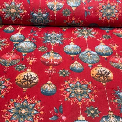 Vánoční bavlněná látka, metráž, šíře 160 cm, Vánoční Hračky na Červeném – Zboží Dáma