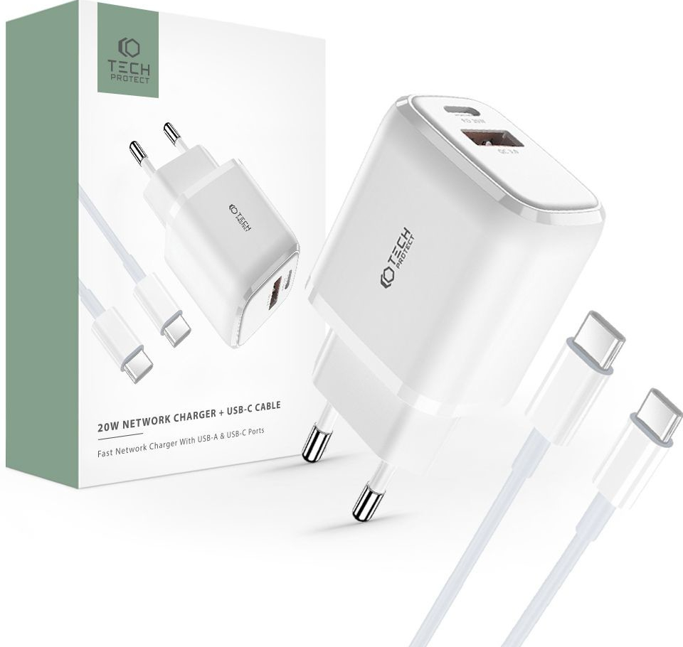 Pouzdro Nabíjecí USB adaptér do sítě - Tech-Protect, PD20W/QC3.0 + USB-C kabel