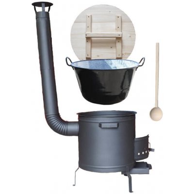 Perfect Home kotel zabíjačkový smalt 100 l, Perfect Home speciální žáruvzdorná kotlina PLUS 600 °C 60 cm, Perfect Home poklice dřevo, Perfect Home vařečka 100 cm ZABÍJAČKA – Zboží Mobilmania