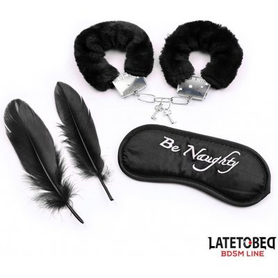 LateToBed BDSM Line 3 Pieces Set Mask, Handcuffs and Feathers Black