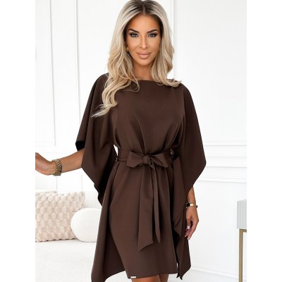 NUMOCO Elegantní šaty nicola s opaskem čokoládově hnědé 287-33 – Zboží Dáma