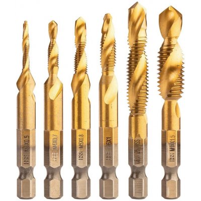 NEO TOOLS Závitové vrtáky HSS TiN M3–M10 – sada 6 ks, Hex stopka 1/4" – Hledejceny.cz