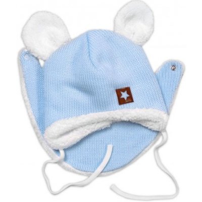 Baby Nellys Pletená zimní čepice s kožíškem a šátkem Star modrá
