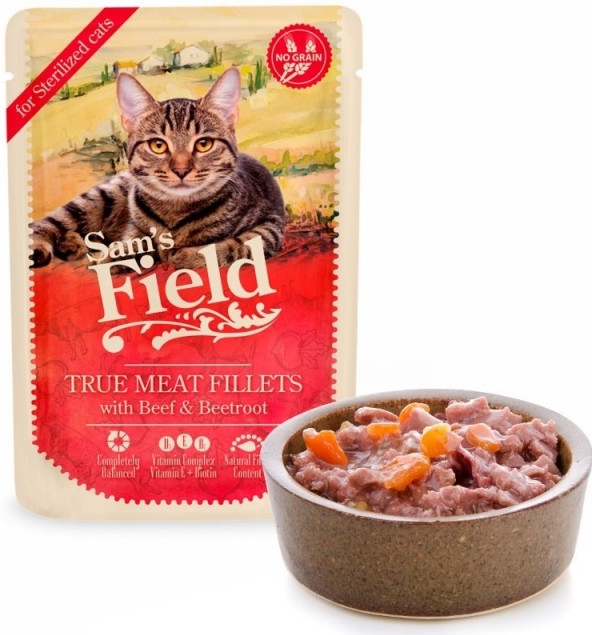 Sam\'s Field True Meat Fillets with Beef & Beetroot pro kastrované kočky 85 g