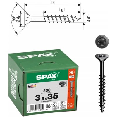 Šrouby do dřeva SPAX 3,5x35mm Torx, částečný závit, zápustná hlava, černé, 200 ks – Hledejceny.cz