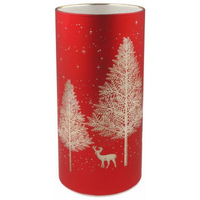 ANDĚL Svítící skleněný válec s motivem lesa – červený, o 9 x 18 cm, teplá bílá, 10 LED, časovač – Hledejceny.cz