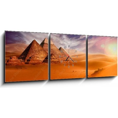 Obraz s hodinami 3D třídílný - 150 x 50 cm - Giseh pyramids in Cairo in Egypt desert sand sun – Hledejceny.cz