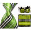Kravata Zeleno bílo černý Set kravata kapesník a manžetové knoflíčky Lines