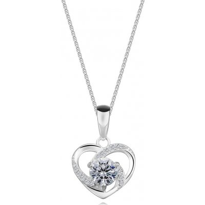 Šperky eshop Náhrdelník ze stříbra obrys srdce s kubickými zirkony, uprostřed výraznější kubické zirkony V05.08