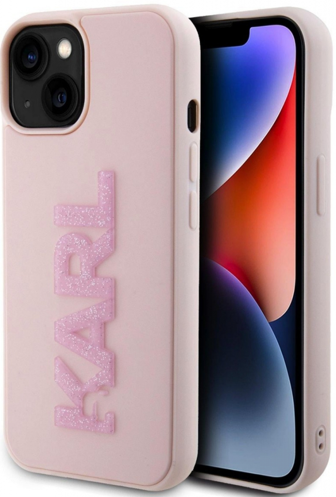 Karl Lagerfeld 3D Rubber Glitter Logo Karl iPhone 15 růžové