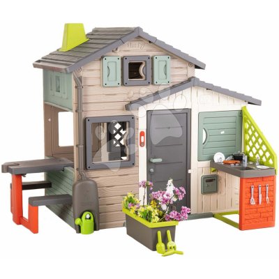 Smoby Domček Priateľov ekologický s kvetináčom pri kuchynke Friends House Evo Playhouse Green s kvetináč rozšíriteľný SM810229-H – Zboží Mobilmania