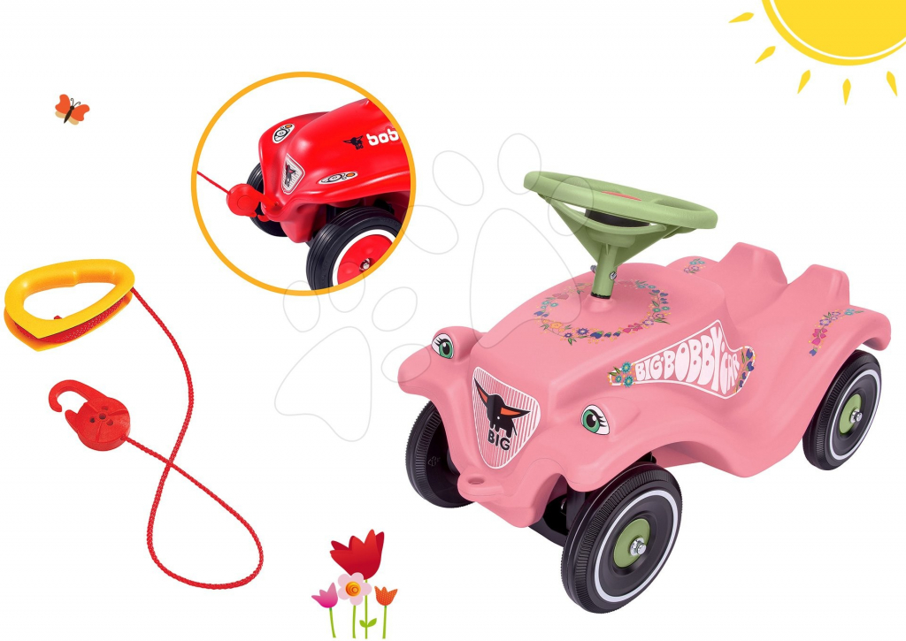 BIG set Flower Bobby Car Classic Car s klaksonem a tažné lano s hákem jako dárek 56110-4