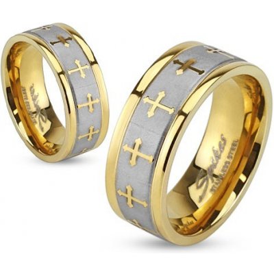 Šperky eshop ocelový prsten ve zlaté a stříbrné matný pás křížky HH14.3