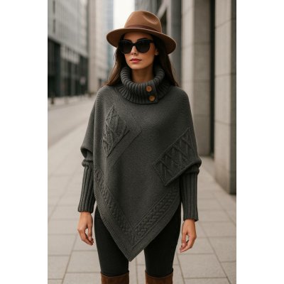 Fashionweek Luxusní pončo svetr s teplým rolákem NOEMI grafitová – Sleviste.cz