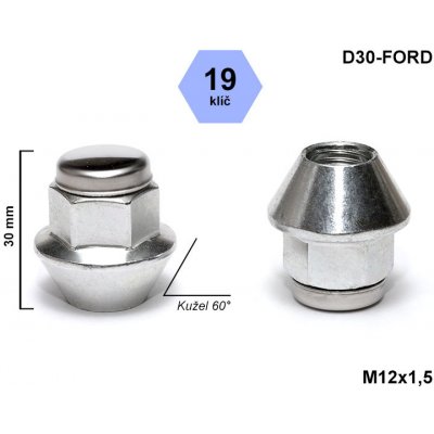 Kolová matice M12x1,5 kužel uzavřená, nerezové víčko, klíč 19, výška 30 mm, D30-FORD