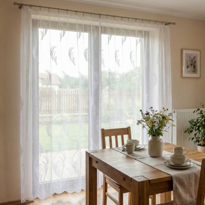 Českomoravská textilní Žakárová záclona V2502, vlnky, s bordurou, výška 250cm (v metráži) – Zboží Dáma