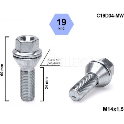 Kolový šroub M14x1,5x34 kužel, pohyblivá, klíč 19, C19D34-MW, VOLVO, výška 60 mm | Zboží Auto