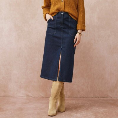 Midi sukně s kapsami a rozparkem vpředu tmavě modrá – Zboží Dáma