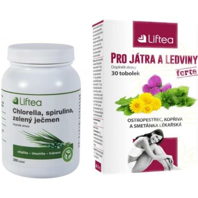 LIFTEA CHLORELLA, SPIRULINA, ZELENÝ JEČMEN 250 tablet + LIFTEA PRO JÁTRA A LEDVINY 30 tobolek – Hledejceny.cz