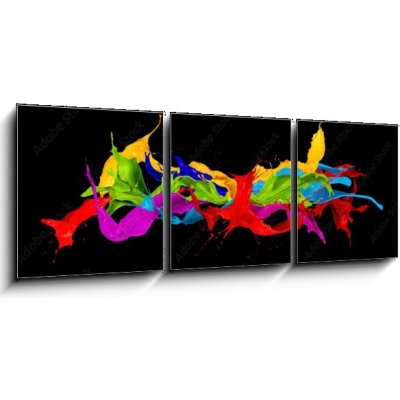 Obraz 3D třídílný - 150 x 50 cm - abstract color splashes on black background abstraktní barevné cákance na černém pozadí – Hledejceny.cz