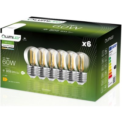 Lumiled 6x LED žárovka E27 P45 7W = 60W 806lm 4000K Neutrálna bílá 360° Filament