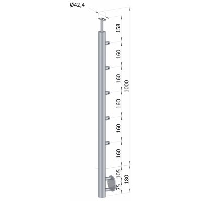 Nerezový sloup, boční kotvení, 5 řadový průchodný, vnitřní, vrch pevný, (ø 42,4x2 mm), leštěná nerez / AISI304 – Zboží Mobilmania