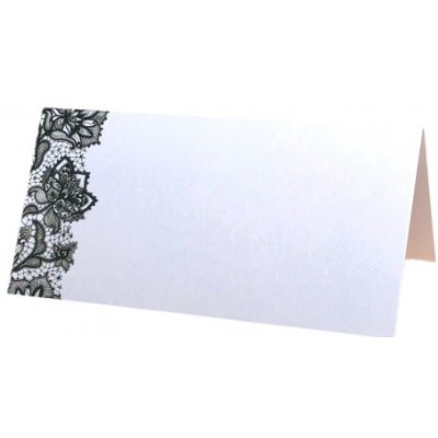 Svatba-eshop Svatební jmenovka bílá s černým krajkovým ornamentem vlevo – Zboží Dáma