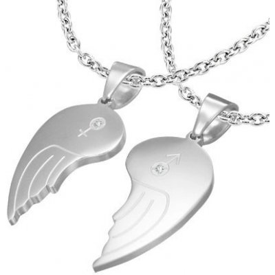 Šperky eshop Dvojpřívěsek z oceli 316L andělská křídla symboly ona a on čiré zirkony S59.17
