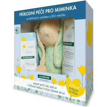 Klorane Bebe jemný pěnivý gel 500 ml + hydratační mléko 75 ml + zajíc dárková sada