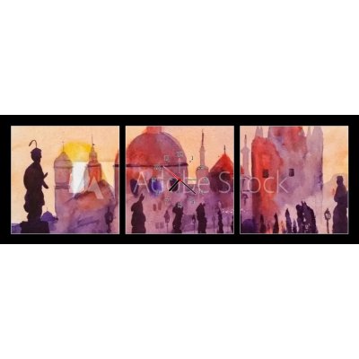Obraz s hodinami 3D třídílný - 150 x 50 cm - Prague Charles Bridge at sunset, watercolor painting, the last rays of the setting sun, statues and lilac, red and purple to – Zboží Mobilmania