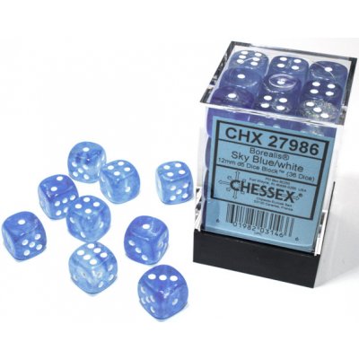 Sada 36 kostek Chessex Borealis 12mm d6 Sky Blue/white Luminary – Zbozi.Blesk.cz