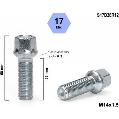 Kolový šroub M14x1,5x38 koule R12, klíč 17, S17D38R12 výška 58 mm | Zboží Auto