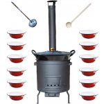 Kessel kotel na guláš smalt 80 l zabíjačkový talíře servírovací smalt 12 ks žáruvzdorná kotlina Plus 600 °C 60 cm poklice smalt 65 cm naběračka 350 ml a vařečka 70 cm Big Part – Zboží Dáma