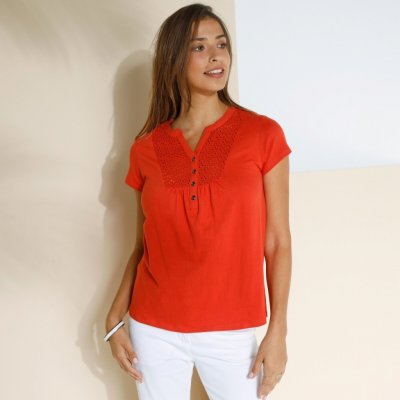Tričko s tuniským výstřihem a anglickou výšivkou oranžová