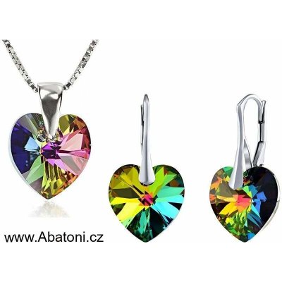 Swarovski Elements Heart krystal Stříbrná sada náušnice a přívěsek s řetízkem zelené srdce srdíčko 39161.1 Vitrail Medium zeleno-růžová duhová – Zboží Dáma