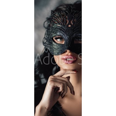 WEBLUX 254214025 Samolepka na dveře fólie portrait of sexy beautiful woman in lace black erotic lingerie and carnival mask on dark background portrét sexy krásná žena v rozměry 90 x 220 cm