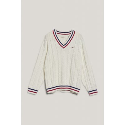 Gant Striped Cable Knit V-neck Eggshell – Zboží Dáma